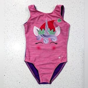 XMAS Destira Gymnastics Dance Leotard CXS Small Christmas Holiday ELF Santa Hat